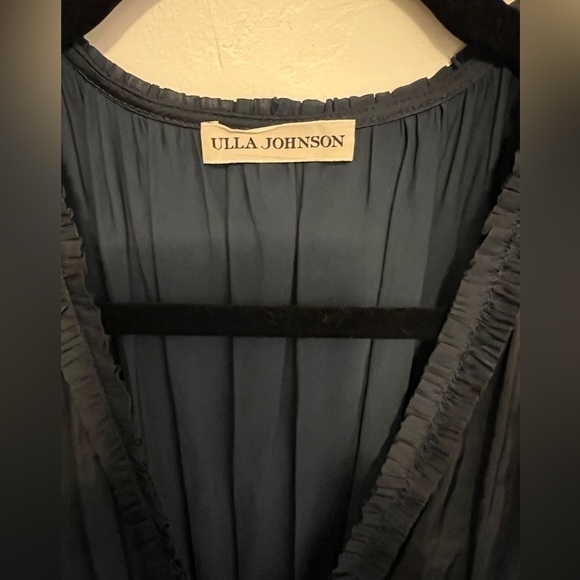 ULLA JOHNSON Gemma Satin Like Mini Dress V Neck Bishop Sleeve Midnight Blue - Picture 7 of 14